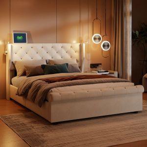 Lit Rembourré - AMBIANCE - 140x190cm - Lit Coffre - Espace de rangement - Tête de lit avec lampes de lecture & Ports USB