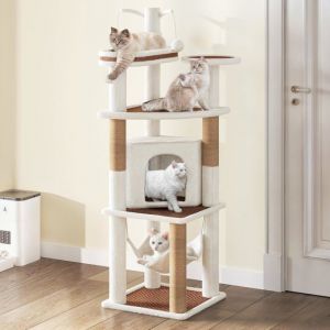 Arbre À Chat De 155 Cm Griffoir Hamac Et Tour DEscalade Pour Chat DIntérieur Stable Robuste Tissage En Rotin Blanc