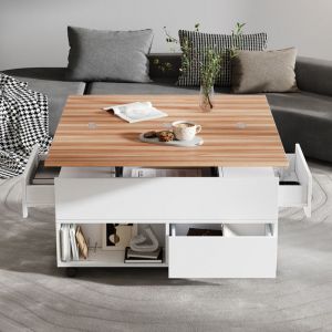 Table basse 100 * 50 * 52cm avec 4 roulettestable de salon multifonctionnelle avec 4 tiroirs table basse relevableblanc +bois