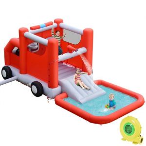 Aire de jeux gonflable pour enfant avec gonfleur 480W - Style camion de pompiers avec toboggan pistolets &agrave; eaux et panier de