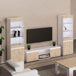 CHRIS OAK - Ensemble Salon meuble TV Laqu&eacute; Blanc Brillant Aspect Bois