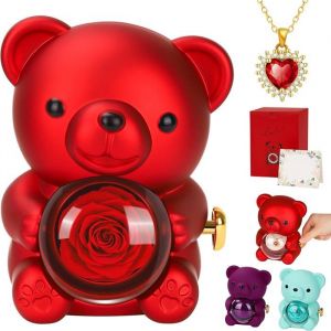 Rose Eternelle avec Collier I Love You Nounours Ours en Rose Idee Cadeau pour Femme M&egrave;re Maman Amie Cadeau Fete des MeresRouge