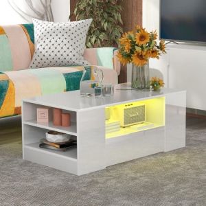 Table basse blanche avec bande LED - 2 tiroirs et 2 étagères - Style scandinave - Blanc brillant - 95 x 53 x 37cm