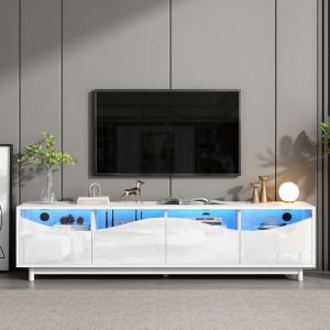 Meuble TV - Design incurvé - blanc brillant - porte darmoire en verre trempé - éclairage LED