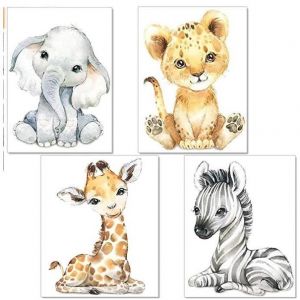 Poster Chambre denfant Animaux de la jungle Ensemble 4 Garçon Filles Cartoon Animaux Affiche Décoration Affiche  (sans cadre) A4