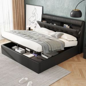 Lit coffre - TKOPY - Lit adulte double 140x190 cm avec tête de lit cachée - Lit rembourré avec espace de rangement PU Noir