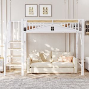 Lit mezzanine 90 x 200cm lit enfant avec barrières de sécurité lit simple avec échelle de sécurité sommier à lattes métal