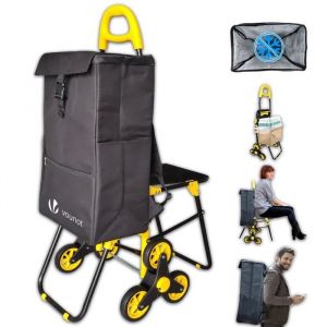 VOUNOT® Chariot de courses 4 en 1 pliable avec siège - sac isotherme - 6 roues monte escalier - jaune