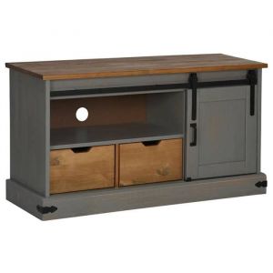 Meuble TV Multi-rangements - HALDEN porte coulissante gris 110x40x60cm bois massif armoire multimédia/Buffet Salon Aspect Elegant*