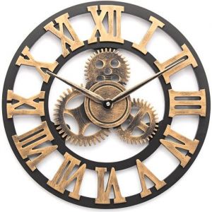 40CM 3D Horloge Murale Quartz Antique Gear Bois Pendule Murales Industriel en Chiffres Romains Luxury Handmade Crochet Or