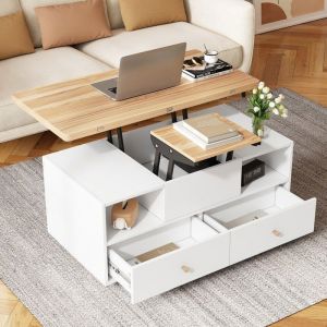Table basse relevable 100x50x47cm Table basse extensible salon avec 4 tiroirs 2 compartiments et 4 roulettes - blanc