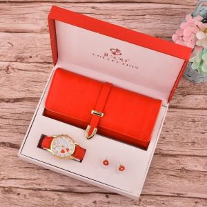 Coffret montre femme + portefeuille + des boucles doreilles - mode forme de coeur rouge gr&acirc;ce temp&eacute;rament cadeau