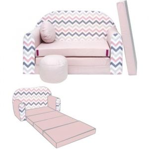 Canapé convertible lit enfant NINO avec pouf et coussin - Rose zigzag