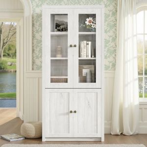 Buffet Haut - Novélys - 80x171cm - 4 Portes (2 Vitrées) & Poignées Cuivrées - Vaisselier Scandinave - Bois Clair