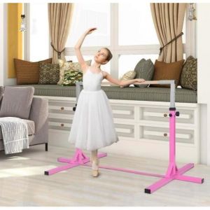 GYMAX Barre de Gymnastique Enfant avec 12 Niveaux Hauteur R&eacute;gables 91CM &agrave; 150CM Barre Fixe de Gymnastique en Bois Int&eacute;rieur Rose