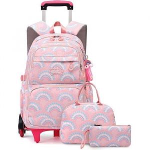 Cartable Roulette Fille Primaire - Rose - Avec Lunch Box et Trousse - 6 Roues pour Escaliers Rose PZCC