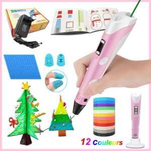 Stylo 3D Rose pour Enfant Professionnel avec 12 couleurs de Filament PLA 1.75mm  avec Livre de Dessin 3D et Prot&egrave;ge-doigts