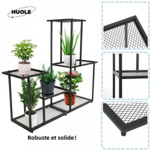 HUOLE - Support de plantes &agrave; 4 niveaux avec 5 &eacute;tag&egrave;res -Robuste et solide - Noir - Porte plante en Fer  - 85*25*82 CM