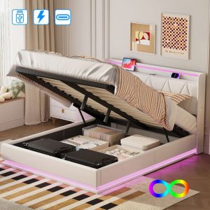 Lit coffre 160x200 avec SommierLUMINARIXLit capitonn&eacute; double avec LED et USBlit 160x200 Lit rembourr&eacute; hydrauliqueVeloursBlanc