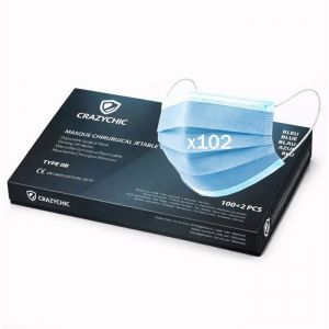 CRAZYCHIC - x102 Masque Chirurgical M&eacute;dical Bleu Type IIR - Certifi&eacute; CE Norme EN14683 Masque 3 Plis Protection Respiratoire EFB>99%