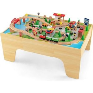 DREAMADE 84 PCS Table Circuit de Train en Bois Table dActivit&eacute; pour Train avec Plateau R&eacute;versible Tiroir de Rangement 3+ Ans