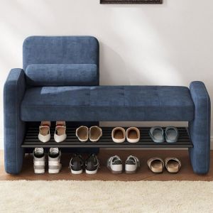 Banc &agrave; Chaussures 118 cm avec Coussin Bleu Design Moderne &Eacute;l&eacute;gant Rangement Pratique pour Entr&eacute;e Couloir ou Dressing