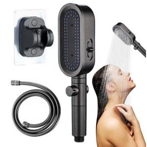 Pommeau de douche filtr&eacute; haute pression multi-jets avec flexible/support de rechange ovale gris