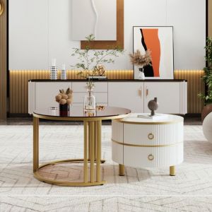 2 in 1 Table basse ronde Plateau en bois blanc + plateau en verre marron Avec deux tiroirs Table dappoint de salon 70/50cm