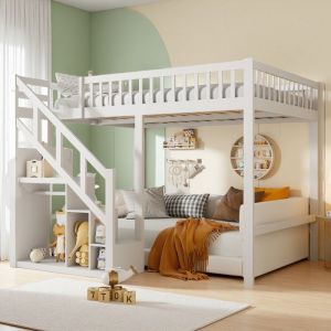 Lit Mezzanine 140x200cm Lit Enfant avec Barri&egrave;re Lit Superpos&eacute; avec Escaliers de Rangement Lit Combin&eacute; Lit Hauteur Enfant Blanc