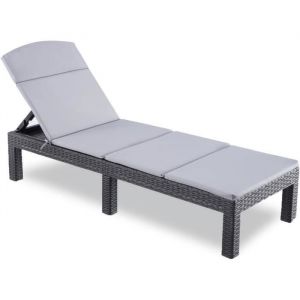 Bain de Soleil - Chaise Longue Jardin Exterieur - Résine Imitation rotin tressé - Coussin - Dossier réglable (avec Coussin)