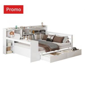 Lit double 140x200cm Canap&eacute;-lit Lit adulte en bois massif avec bureau &eacute;tag&egrave;res compartiments tiroirs prise USB et multi LIT COMBINE