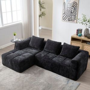 Canap&eacute; chaise longue avec poches lat&eacute;rales chenille noir FloraGrace