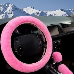 Ensemble de Couvre-Volant Peluche 3PCS Housse de Volant Voiture Universel en Souple Moelleuse37-40CM Convient Auto Camion (Rose)