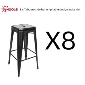 Lot de 8 tabourets de bar empilables design industriel en m&eacute;tal fer noir H 76 cm - HUOLE