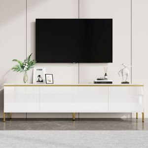 Meuble TV Blanc 170x38x50 cm Rangement 4 Portes avec Pieds M&eacute;tal Dor&eacute; Meuble Bas Moderne pour Salon - Laqu&eacute; Blanc Brillant et Or