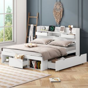 Lit 140x190 cm avec port USB tiroirs et armoire de rangement lit enfant lit ado grand espace de rangement sans matelas blanc
