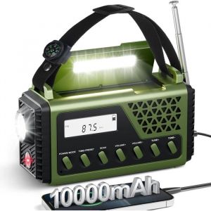 Radio Portable Vert FM/AM/SW Radio Solaire Dynamo Manivelle avec 10000mAh Piles Rechargeables Boussole SOS Alarme Chargeur