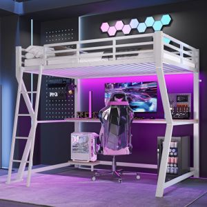 Lit Mezzanine Métal 90x200 avec Bureau Gaming LED Prise & USB Étagère PC Escalier et Garde-Corps Lit Surélevé– Blanc