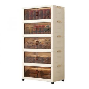 WeValley Armoire de rangement pliante en plastique  5 cases  Porte transparente  Avec roulettes