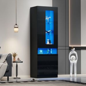 Vitrine Argentier LED Noire 50x40x180cm &ndash; Autoportante Meuble De Rangement LED Buffet Mural Id&eacute;al Pour Salon Et Espace De Vie