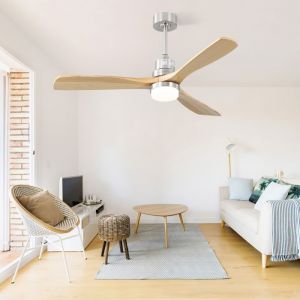 Ventilateur de Plafond à LED avec dimmable eclairage lampe et 3 pales en bois et télécommande 6 Vitesses L133cm Couleur argent