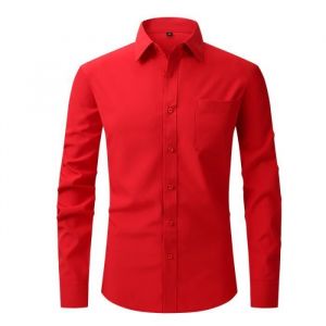 Chemise Homme Slim Col revers Manches longues avec poche poitrine Couleur unie - Rouge