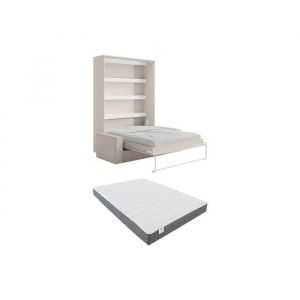 Lit escamotable 140 x 200 cm - Ouverture verticale manuelle - Avec LEDs - Beige + Canap&eacute; + Matelas - RAPILI