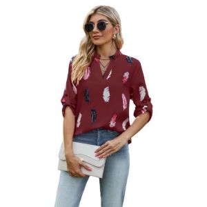 Chemisier Femme Imprim&eacute; Col En V Manches 3-4 Casual Chemise L&acirc;che Ete D&eacute;contract&eacute; Confortable - Taille EU - Bordeaux