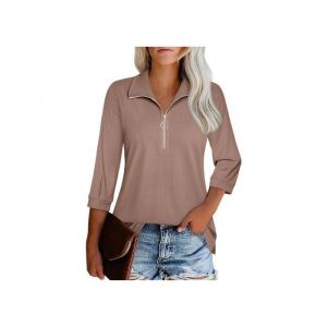 Pull Femme Col Roul&eacute; avec Fermeture &Eacute;clair Manches 3/4 Style Business Casual Chic Maille Extensible Coloris Marron Taille XXL