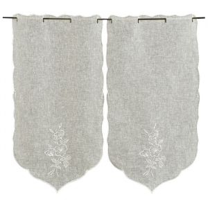 Paire de petits rideaux  brod&eacute;s Fleurs Ecru 45x60 cm