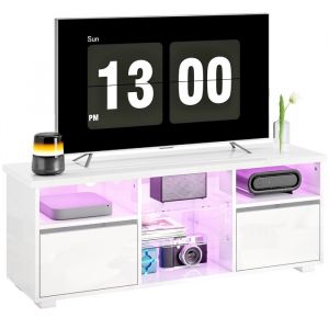 Meuble TV - HOMCOM - 120 cm - pour téléviseur jusquà 55 pouces - éclairage LED et télécommande - étagères en verre - blanc