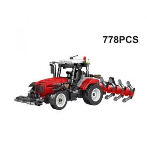 Bloc de construction tracteur agricole rouge avec charrue &ndash; 778 pi&egrave;ces &ndash; Engin inspir&eacute; Case IH &ndash; V&eacute;hicule &agrave; construire