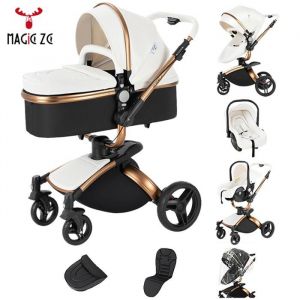 Magic ZC Poussette bebe cosy 3 en 1 - Poussette de luxe Poussette combinées pliage automatique 360° Rotation grand panier Blanc