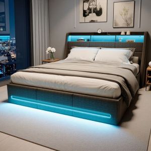 Structure de lit 140x190 cm Lit coffre 140x190 cm avec coffre de rangement Lit adulte avec eclairage LED et USB 2 Personnes